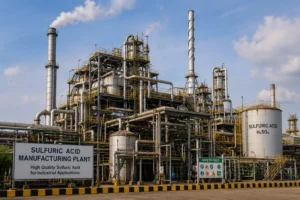 Industrial sulfuric acid manufacturing plant with storage tanks and processing units